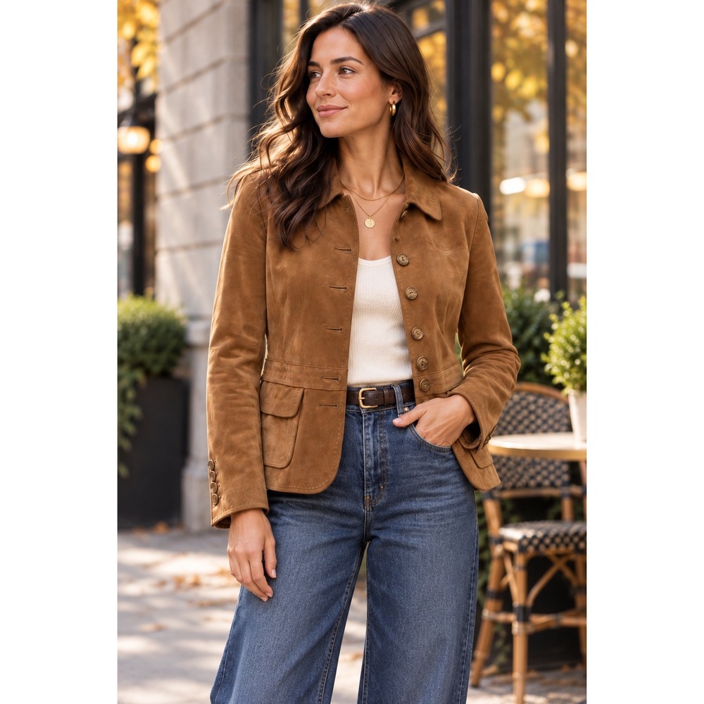 Chic Autumn Western Suede Leather Jacket Blazer Tan Brown Minimalist Luxury Sz M